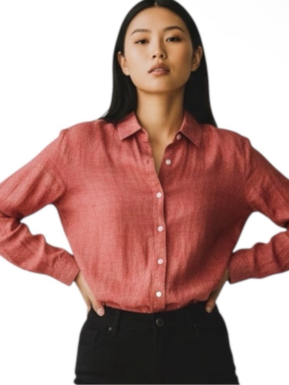 LANDS’ END 100% Linen Smocked L/S Button Down Shirt in Orange/Red Size XS P 2-4) - Picture 10 of 11